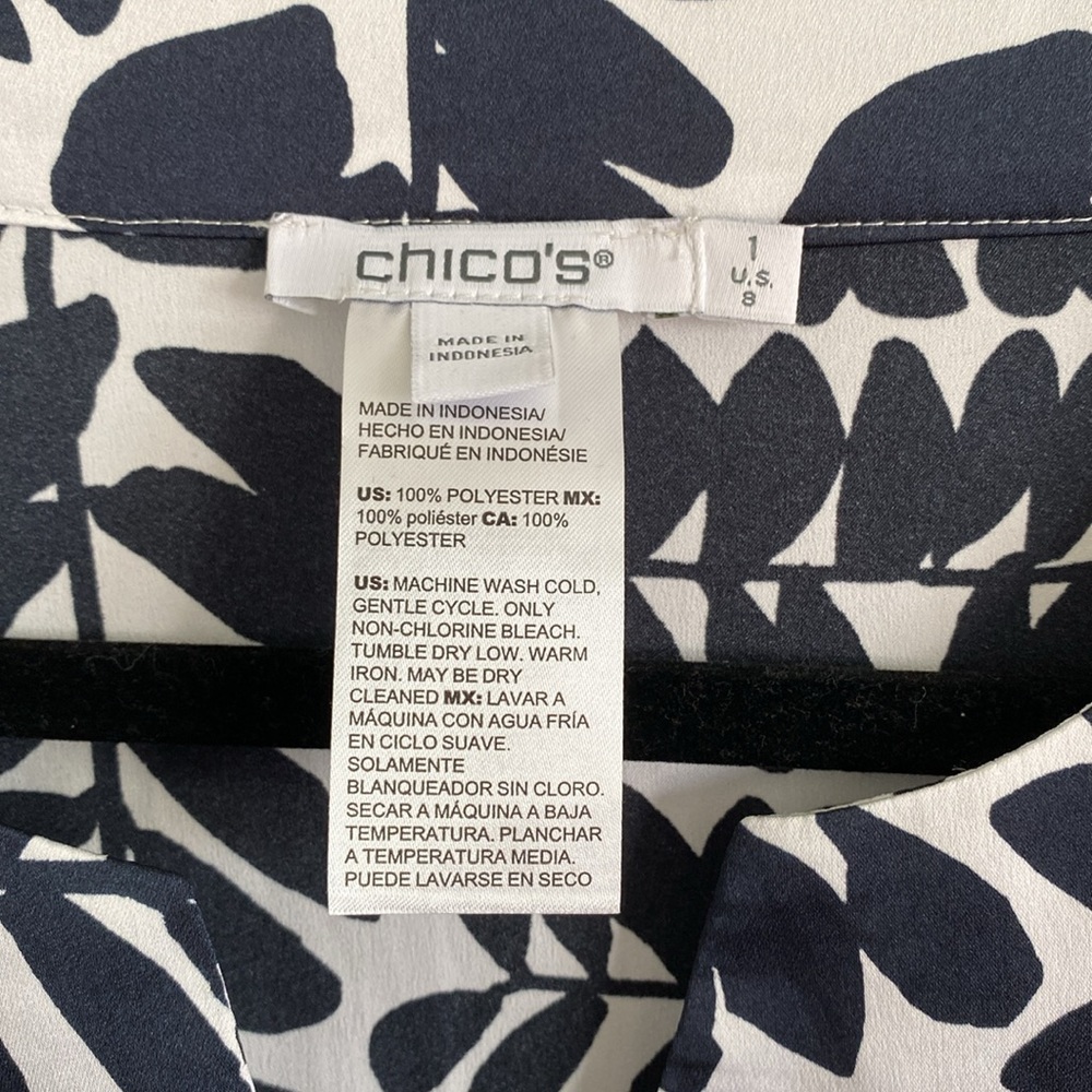 Chico's Foliage Print Tie Front Blouse Size 1 (Women's Size 8) Navy & White - Picture 3 of 8